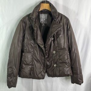 Gap chocolate brown quilted puffer jacket w big snaps and mandarin collar: